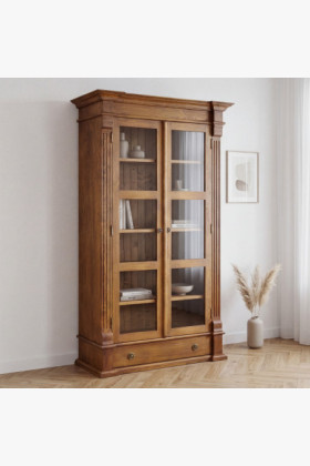 Tömör borovi fenyő ajtós könyvszekrény patinás barna lakkal